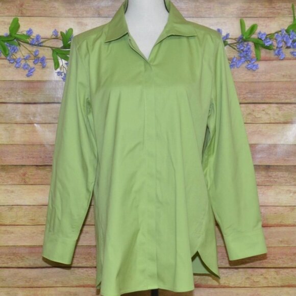 Chico's Lime Green Button Up Long Sleeve Cotton No-Iron Blouse Top Size 1 US M 8 - Picture 1 of 10